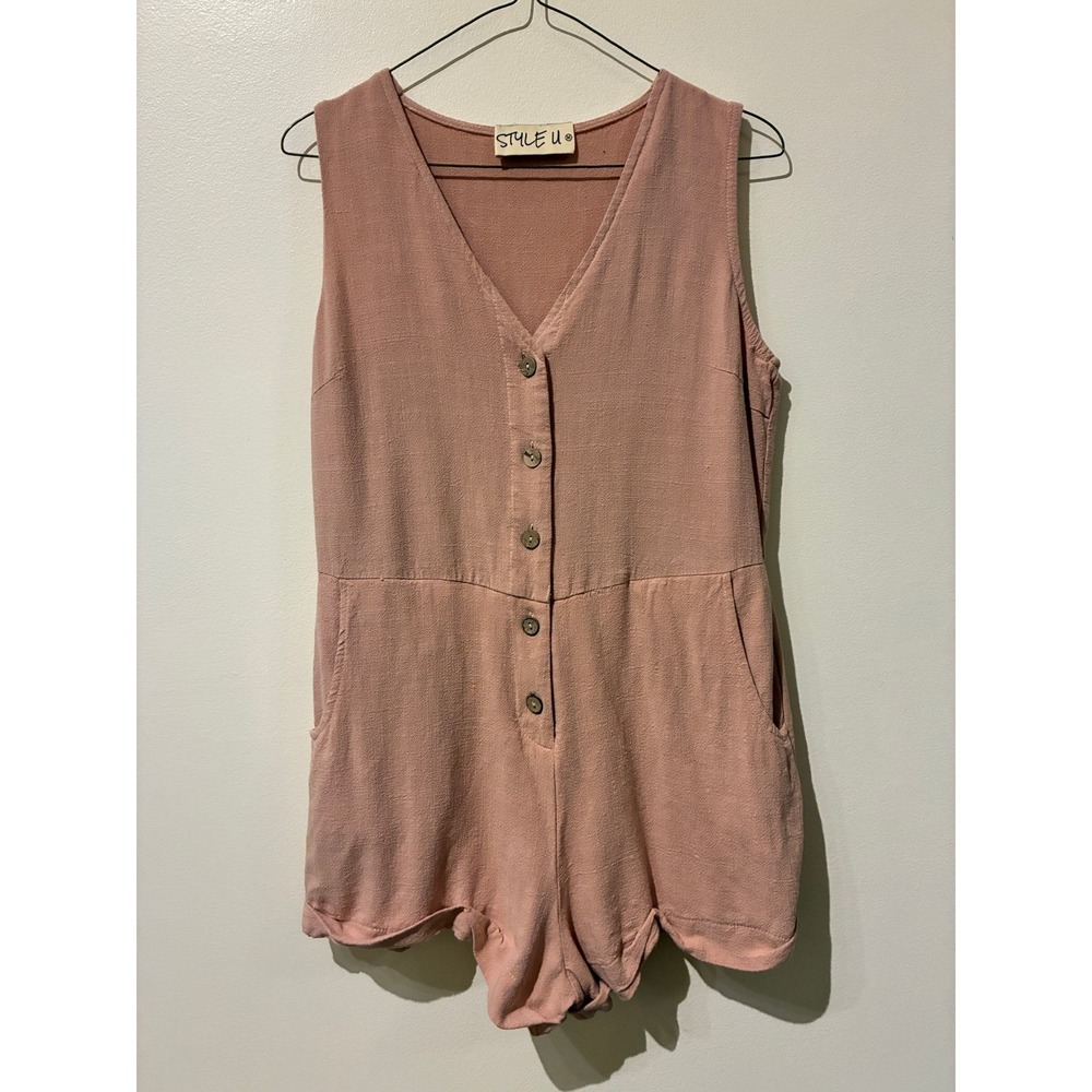 Style U Womens Dusty Rose Linen Blend Button Front Scalloped Hem Romper Size M‎